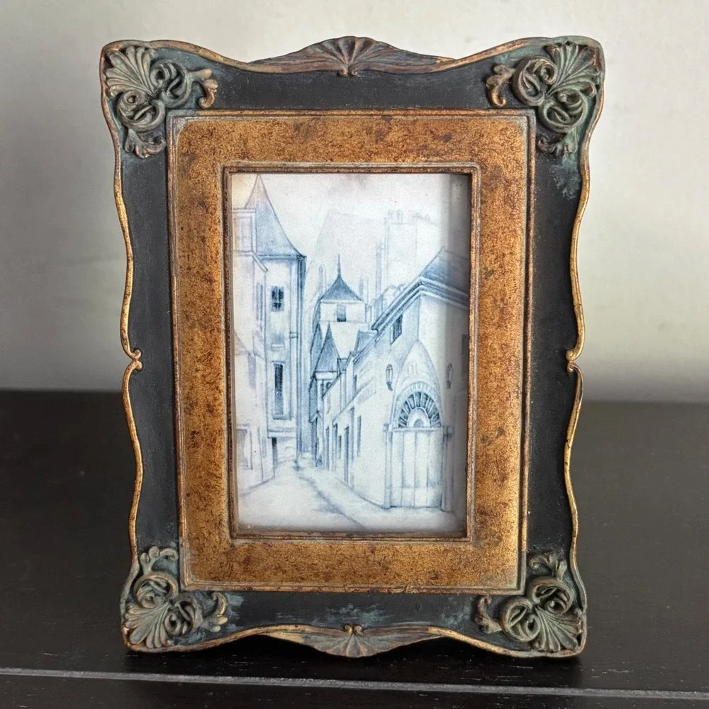 Vintage Style Ornate Gold Black Miniature Picture Frame French Street Scene 4x3